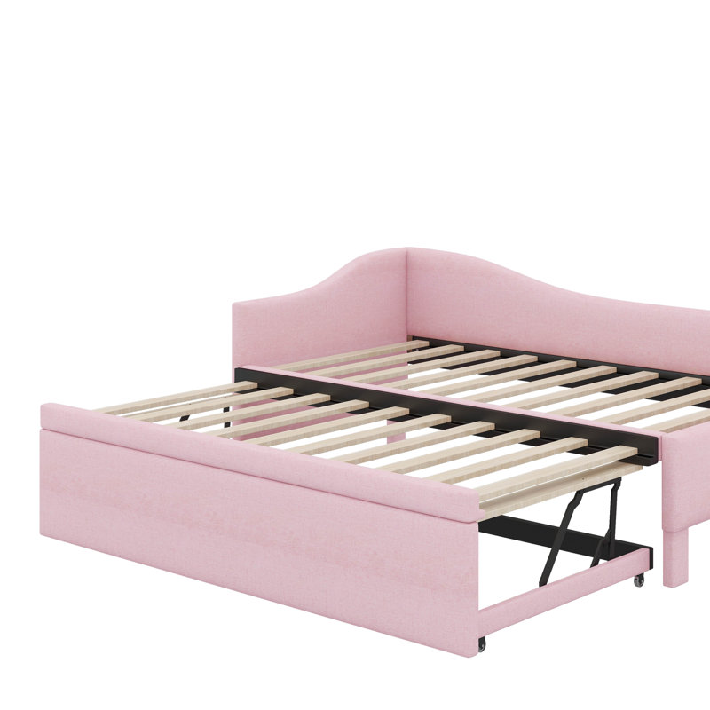 Twin Size Upholstered L-Shaped Upholstered Daybed With Trundle, Pink