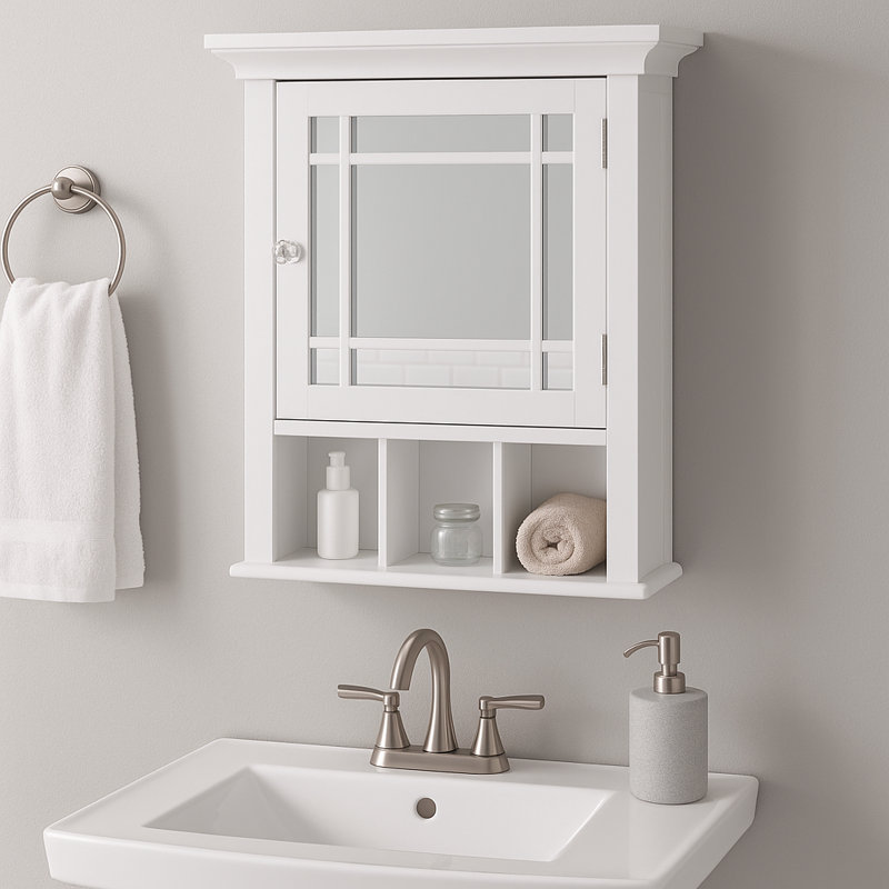 Cardonas Removable Mirrored Framed Door Medicine Cabinet with Adjustable Shelves and Open Storage, White