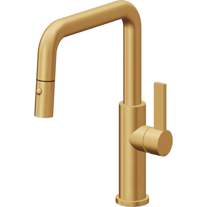 Corsano Contemporary Pull Down Kitchen Faucet with Button Sprayer Quad Spout and FB Series Handle, Lifetime Satin Gold