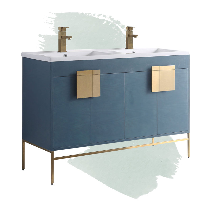Ensemble de meuble-lavabo double 48 po Tortola, Bleu français, Laiton satiné
