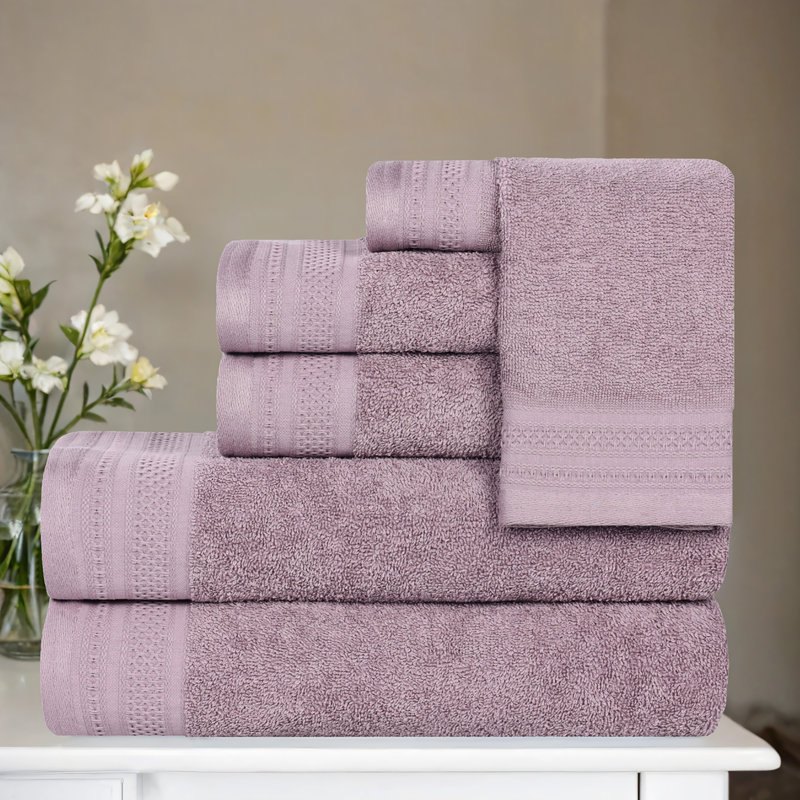 Honeycomb Textured Waffle Border Cotton Medium Weight 6 Piece Towel Set, Sea Fog