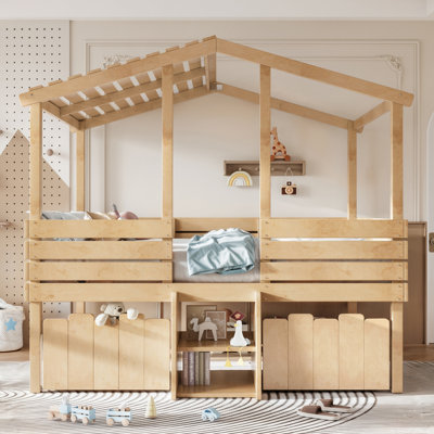Full Solid Wood House Loft Bed with Cute Stairs and 2 Big Storage Drawers