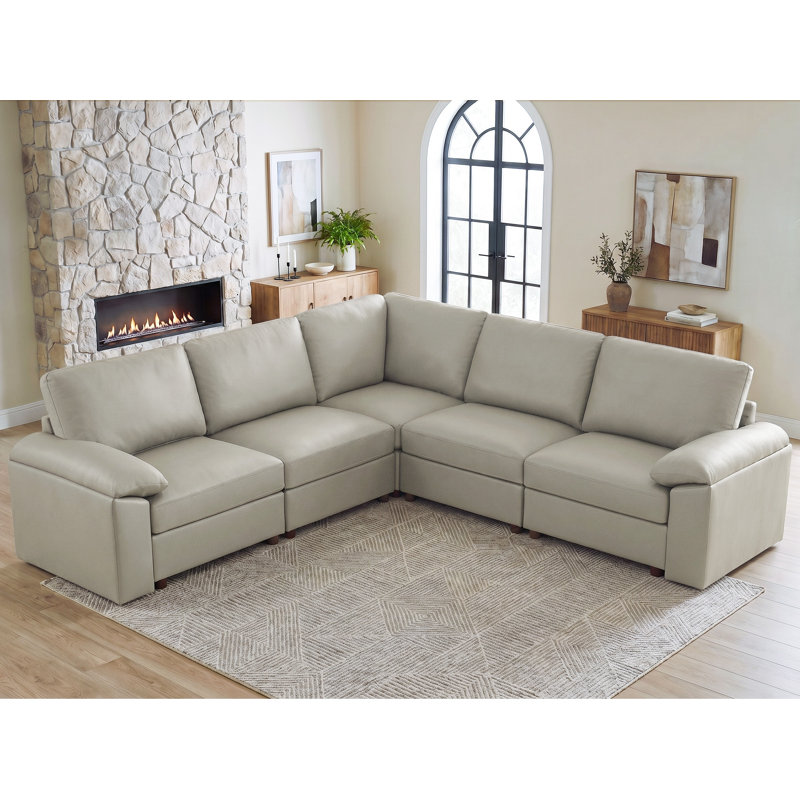 Canapé modulaire moderne avec repose-pieds en cuir de polyuréthane Marybelle Marybelle, Beige Faux Leather