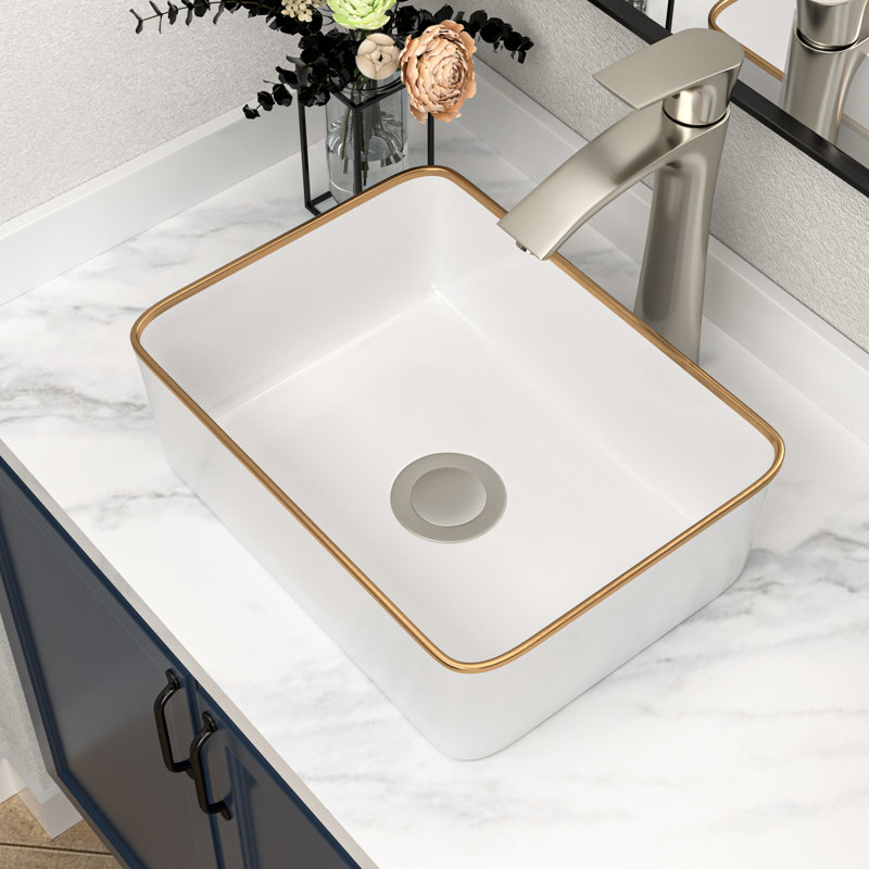 16 x 12 Inch White Ceramic Rectangular Vessel Sink with Gold Rim