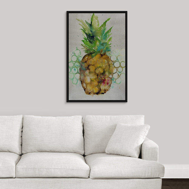 « ananas rain », peinture sur toile, Cadre flottant noir, H 37,7 po x l 25,7 po x p 1,75 po