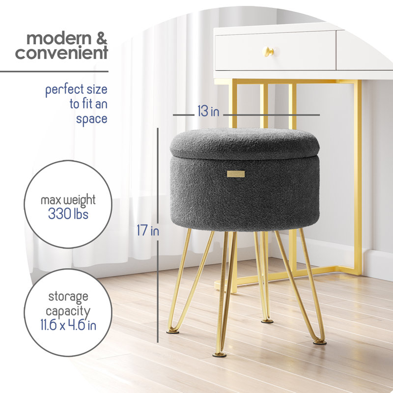 Round Boucle Ottoman with Storage, Gray, Gold