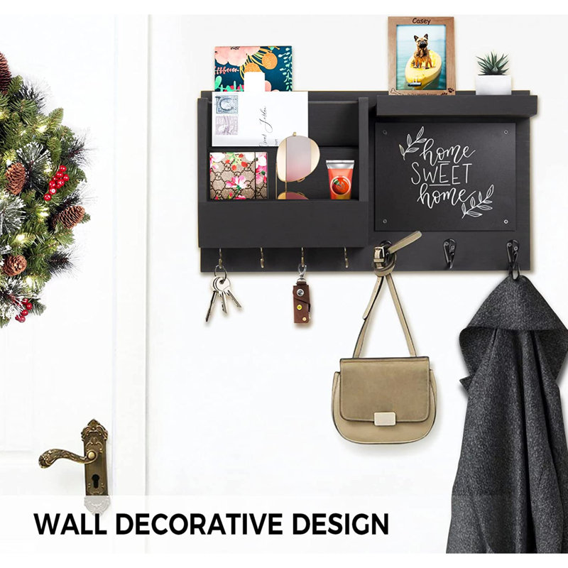 Solid Wood Wall Organizer with Key Hooks