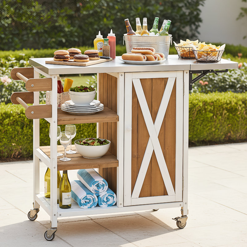 Solid Wood Bar Cart, Foldable Outdoor Kitchen Island, Patio Kitchen Island, White/Brown