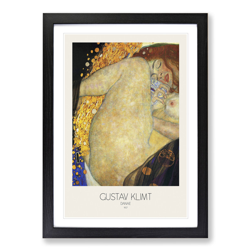 Danae with Border by Gustav Klimt - Picture Frame Painting, 36cm H x 27cm W x 2cm D, Black Framed