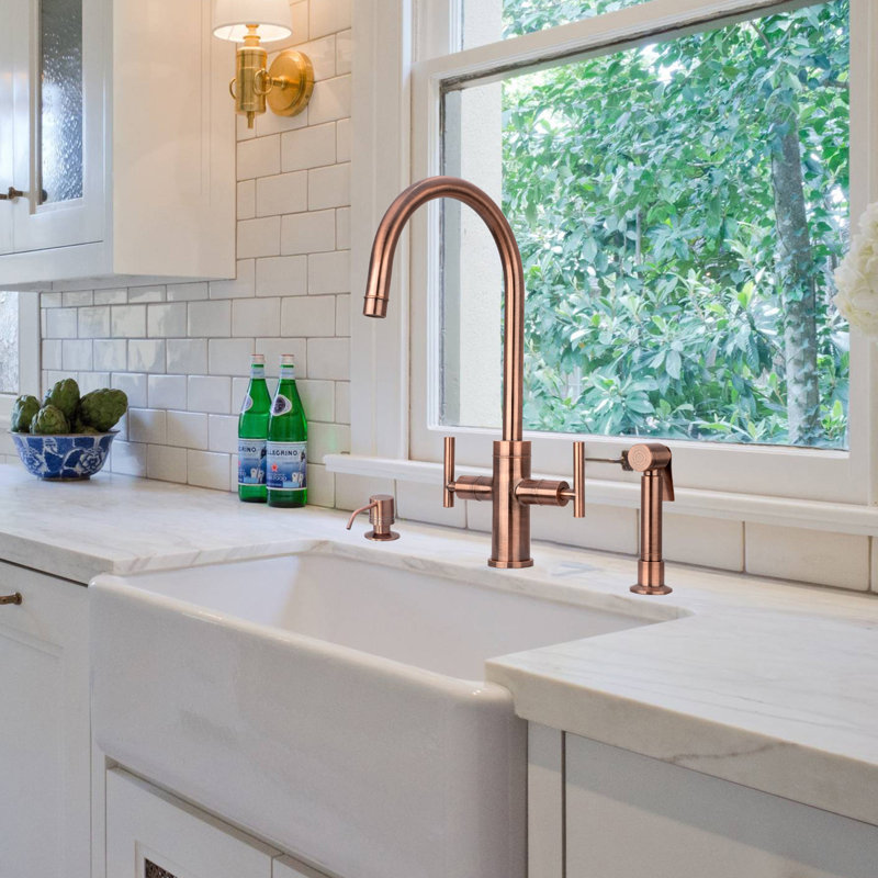 Double Handle Kitchen Faucet With Side Spray, Antique Copper