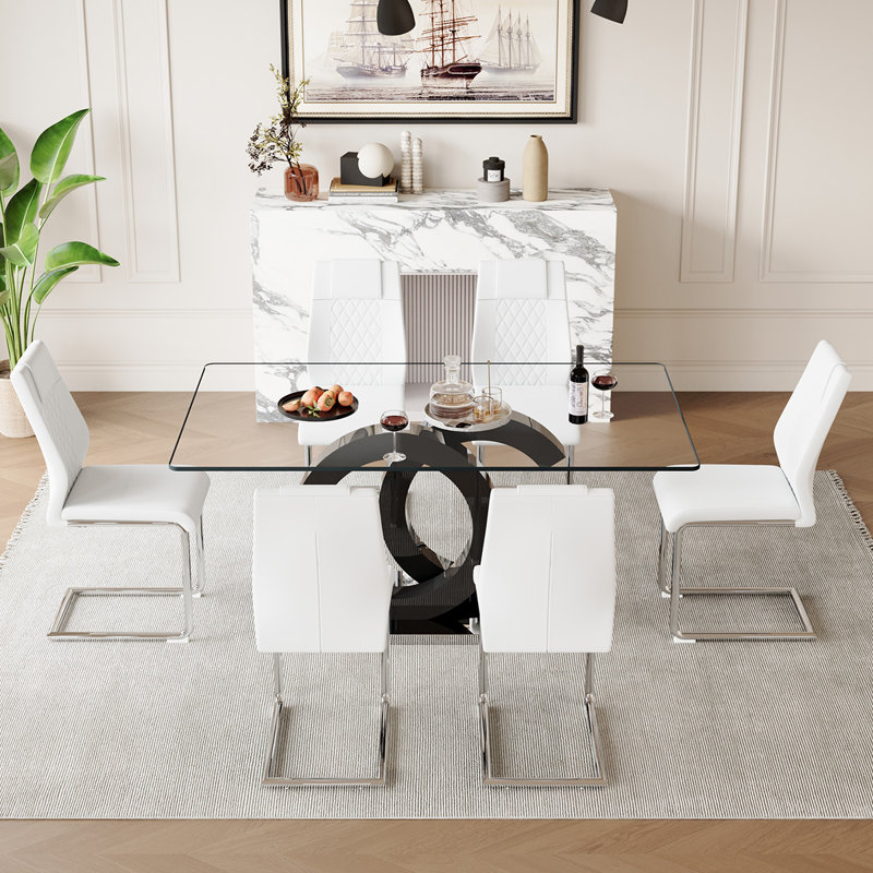7-Piece Glass Top Dining Table Sets, Blanc / argenté