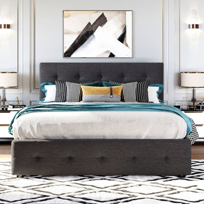 Grand lit plateforme tapissier avec tissu gris foncé, 2 tiroirs et lit simple TG, gris, pour une esthétique de chambre moderne
