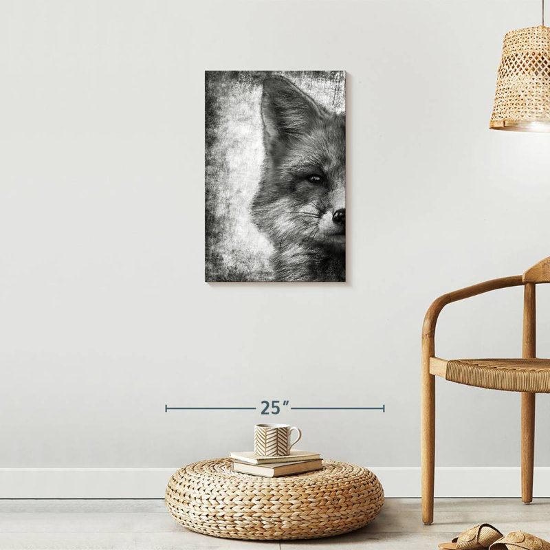 Visage de renard noir et blanc sur toile, H 24 po x l 16 po