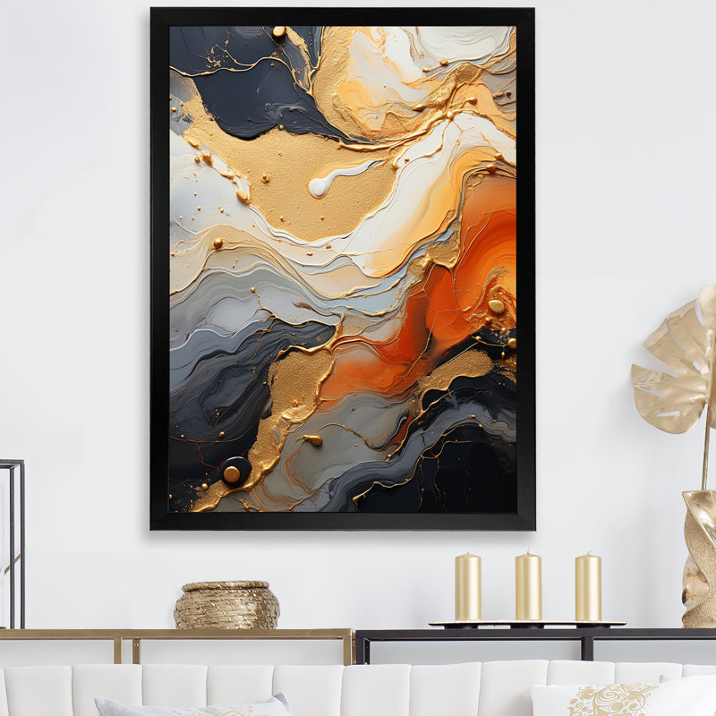 Art mural doré et blanc Geode Lava II, Cadre simple noir, H 44 po x l 34 po x P 1,5 po