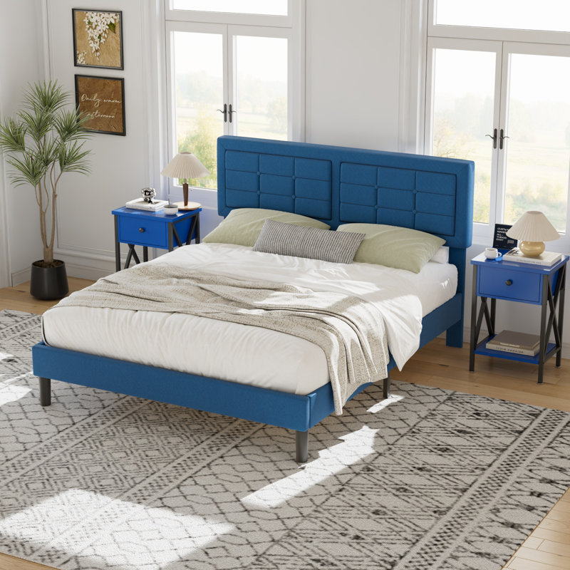 Ensemble de chambre à coucher 3 pièces, cadre de lit plateforme tapissier avec tête de lit réglable + 2 tables de chevet, lit en tissu de lin avec support en lattes de bois, aucun sommier nécessaire, ensemble de mobilier de chambre à coucher moderne