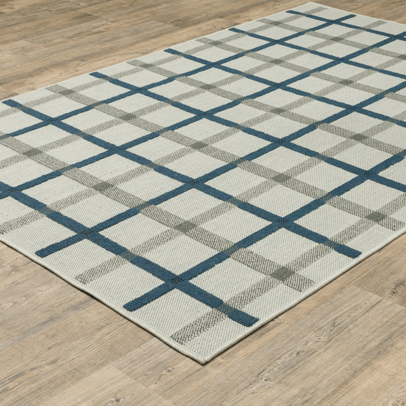 Hirsh Geometric Plaid Beige/Blue Indoor/Outdoor Area Rug, Rectangle 6'7" x 9'2"