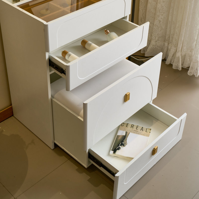 Coiffeuse compacte blanche avec 3 tiroirs, miroir rabattable, tabouret rembourré, éclairage à DEL et bureau visuel pour la chambre à coucher dans 1 meuble-lavabo