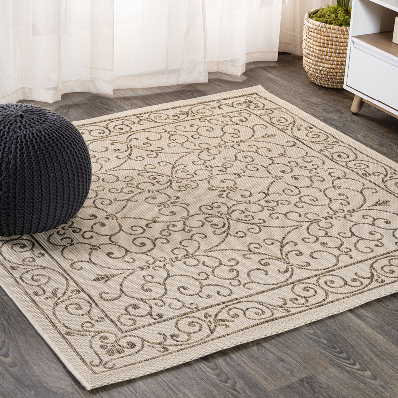 Hagerman Vintage Filigree Textured Weave Beige/Brown Indoor/Outdoor Rug, Square 7'9"
