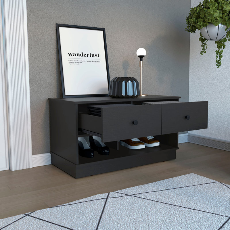 Storage Bench Beji, Lower Shelf, Two Drawers, Black