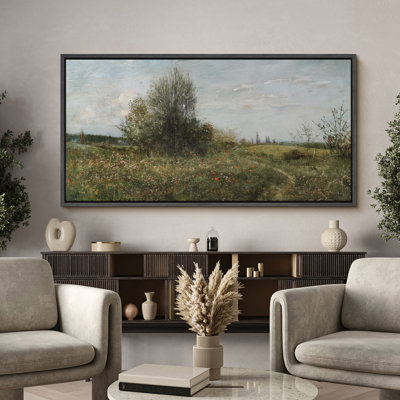 Country Road Through Wildflower Field Extra Large Framed Wall Art Oversized Canvas Print