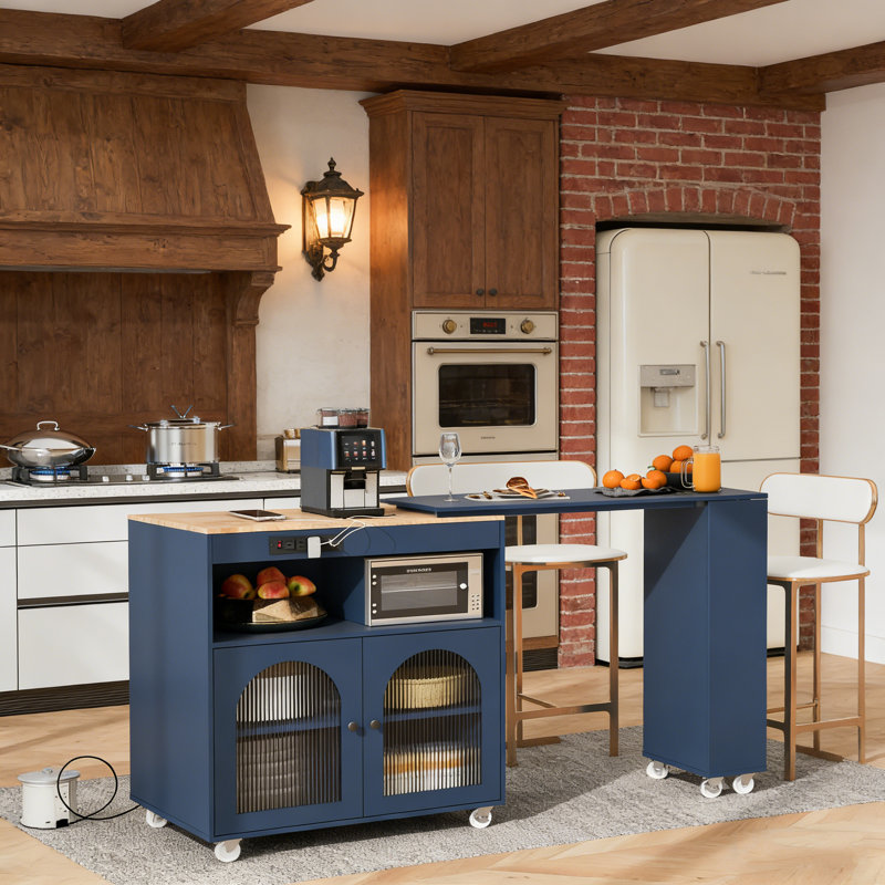 Îlot de cuisine roulant avec table extensible, éclairage DEL, prises de courant et portes en verre cannelé pour les cuisines modernes.