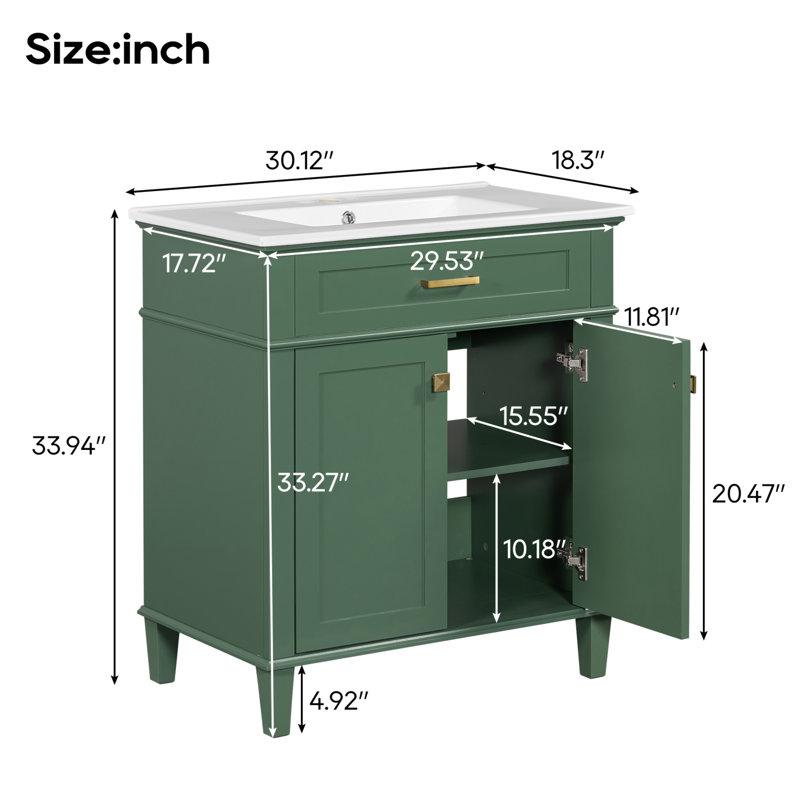 Green 30-Inch Solid Wood Bathroom Vanity with Ceramic Basin
