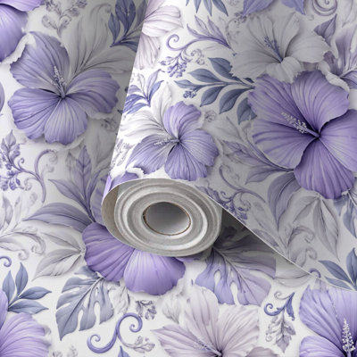 Papier auto-adhésif à peler et coller lavande, hibiscus floral, feuilles tropicales, auto-adhésif et amovible, 17,7 po x 118 po (45 x 300 cm)