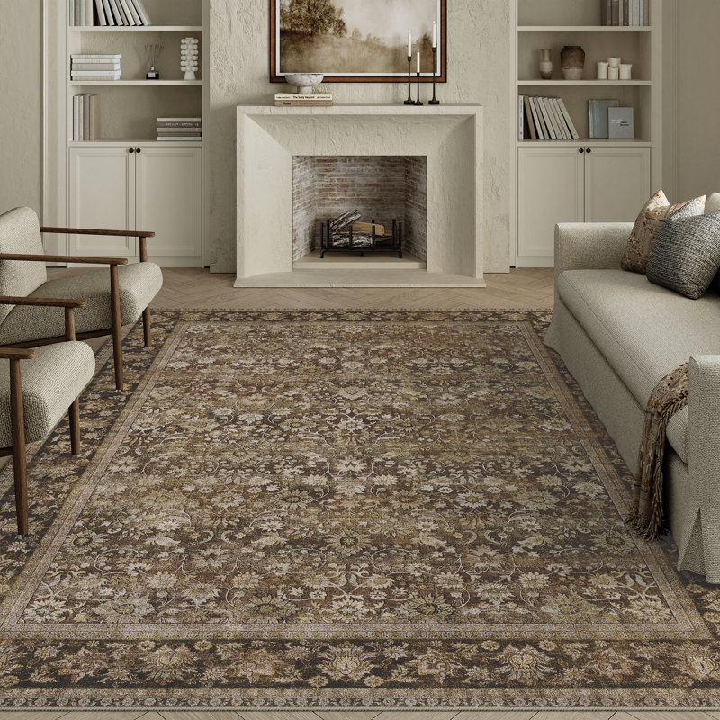 Kitty Machine Washable Oriental Area Rug with Non-Slip Backing, Rectangle 9' x 12', Brown