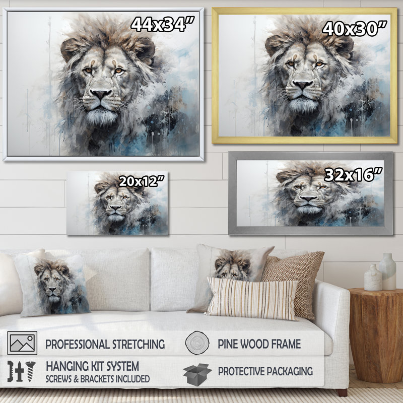 Gris et bleu, «Red Lion», art mural Lion, 24" H x 32" W, Toile tendue