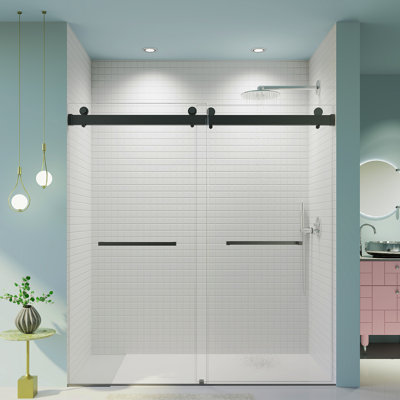68-72 Inches *76 Inches  Frameless Double Sliding Soft-Close Shower Door, 3/8 Inches (10Mm) Thick SGCC Tempered Glass Door,  Matte Black