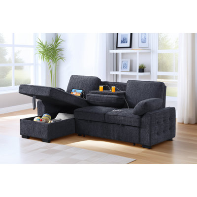 Ebern Designs 91inch Upholstered Pull Out Sleeper Sectional Sofa With Convertible Storage Chaise