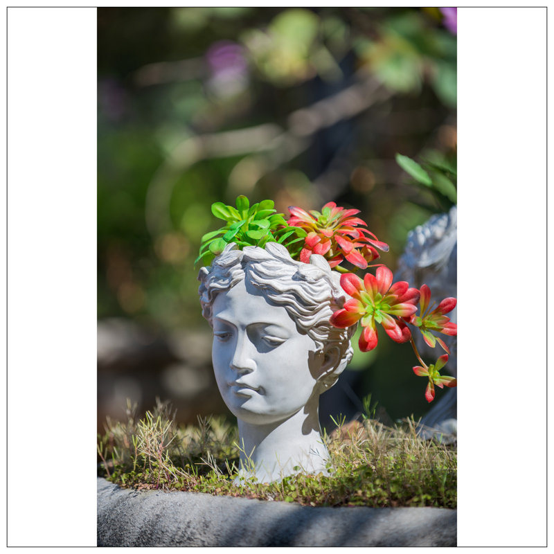 Greek Style Cement Head Planter - Indoor Outdoor Home Garden Decor, D7" X 11"