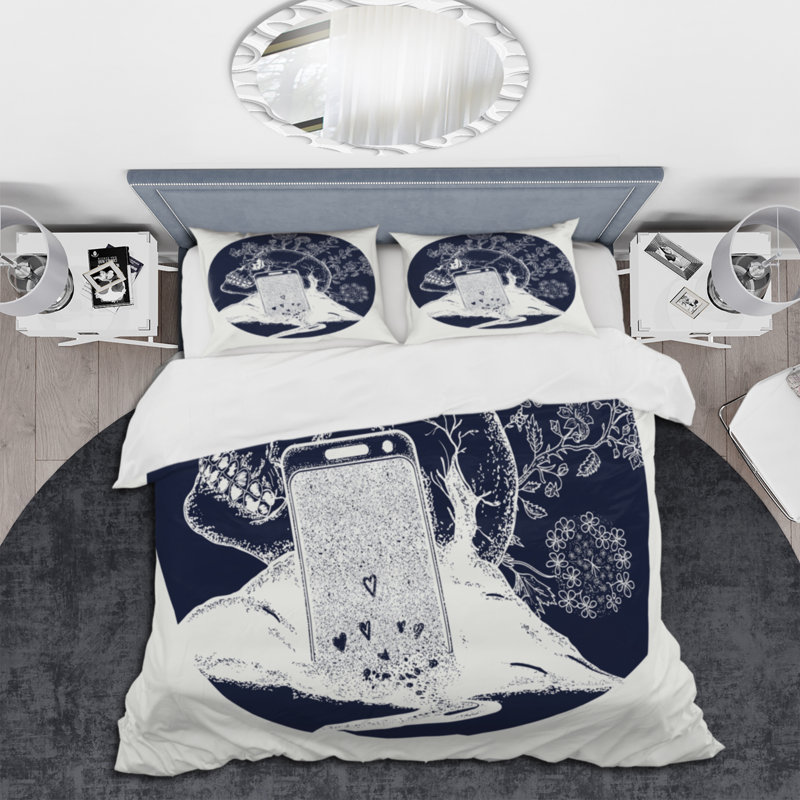 Tête de mort et téléphone portable - ensemble de housse de couette moderne - microfibre de polyester