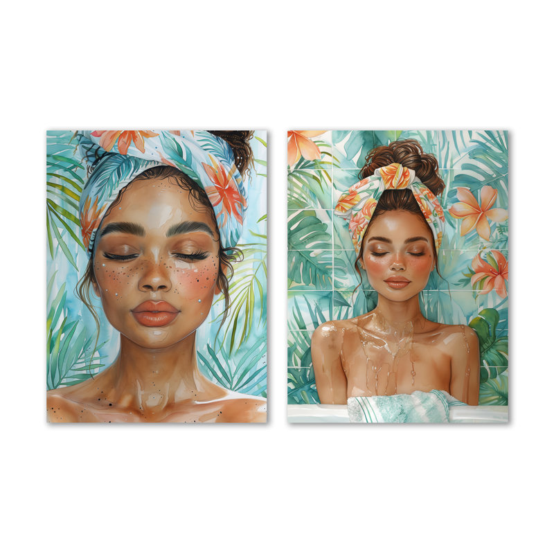 Rose et bleu, femme en salle de bain II - Orange Spa, ensemble de 2 décorations murales en métal, 32" H x 48" W