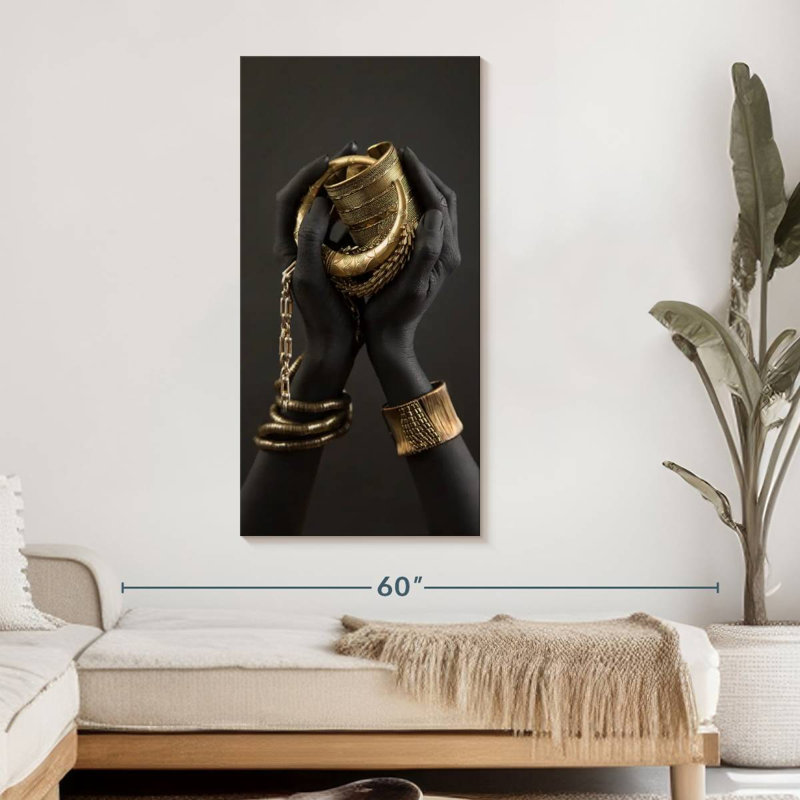 Femme africaine, mains dorées sur toile, H 48 po x l 24 po x P 1,25 po