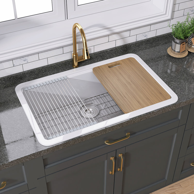 Pure 33 in. Workstation White Kitchen Sink Drop-in/ Undermount Fireclay Farm Sink Single Bowl with Accessory Kit