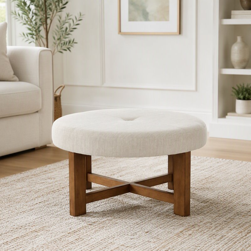 Pouf rond en tissu beige avec piétement en croix en bois massif, Beige, naturel