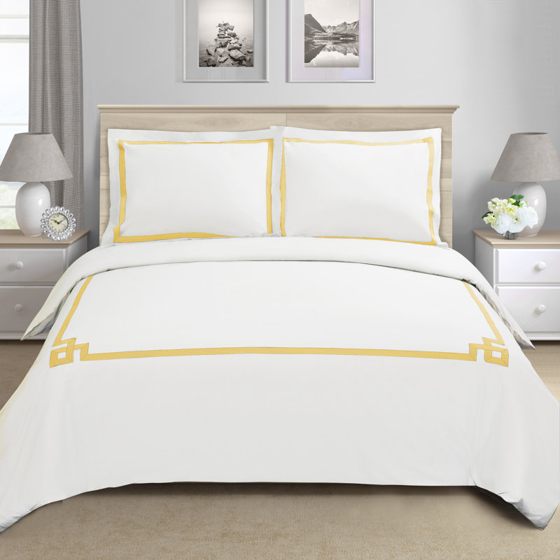 200 Thread Count 100% Cotton Geometric Border Luxury Duvet Cover Set, Full/Queen Duvet Cover + 2 Shams, Gold