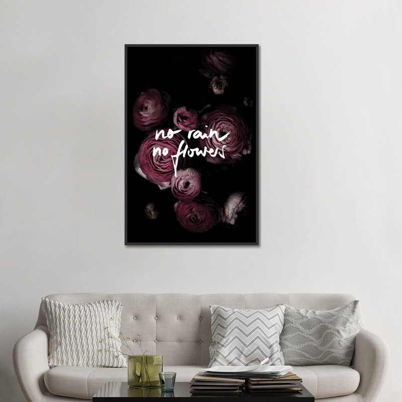 « no rain no florals », impression sur toile, H 26 po x l 18 po x P 1,5 po, Toile avec cadre noir, Pas de tapis