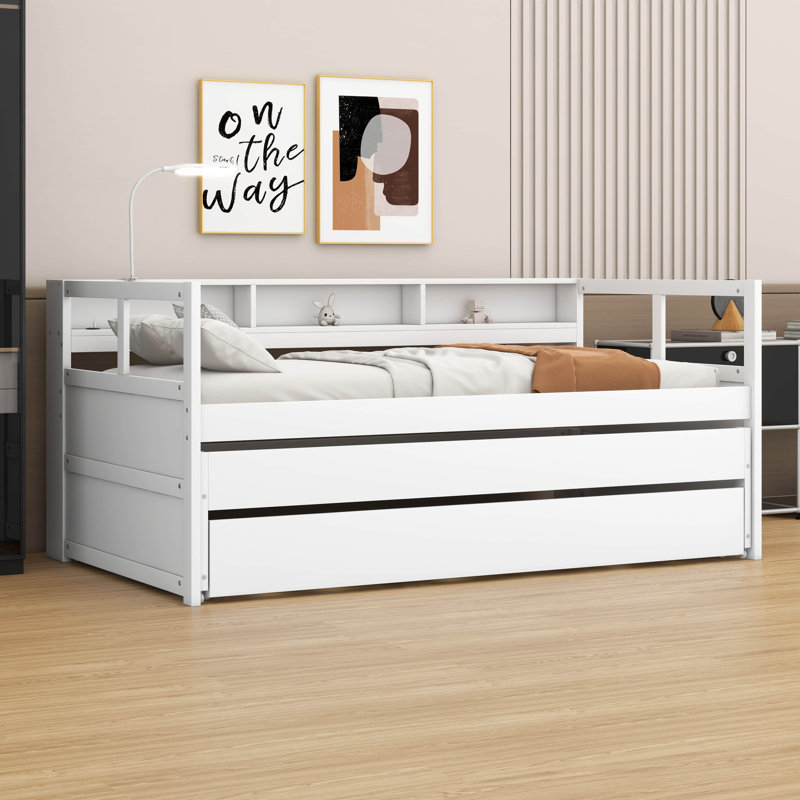 Multiple Twin XL Daybed  With 2 Trundles And 3 Storage Cubbies, Solid Wood Daybed Frame With A Light For Free And USB Charging Design, Space Saving Design