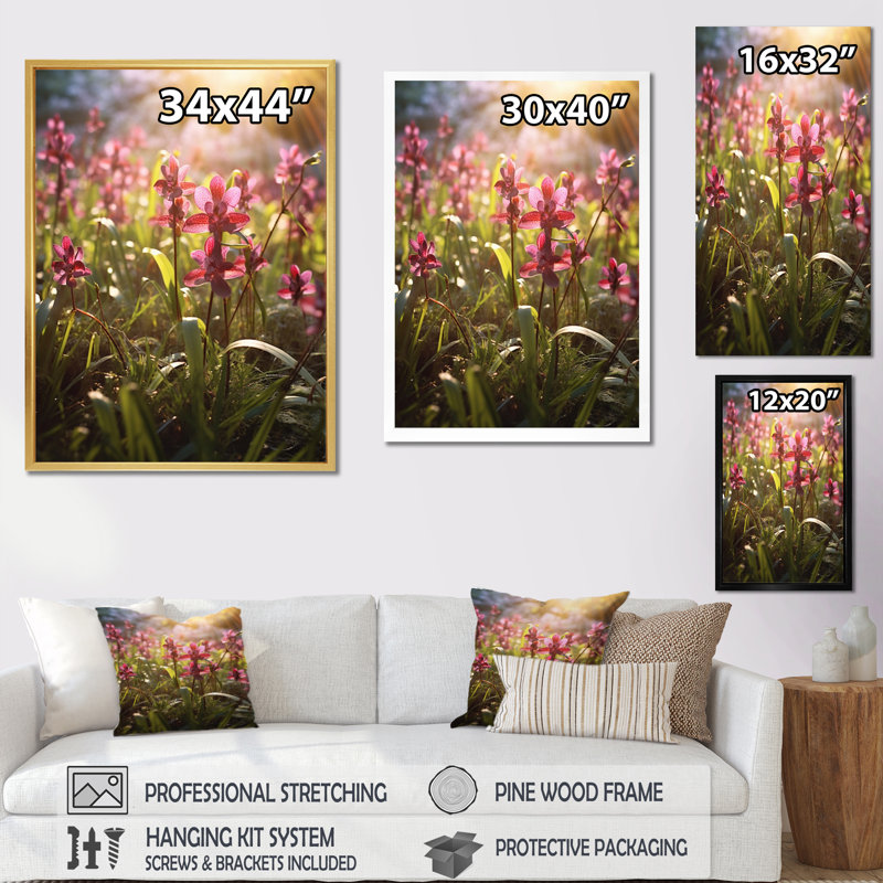 Orchidées exotiques roses et vertes sur toile, H 44 po x l 34 po x P 1,5 po, Cadre flottant doré