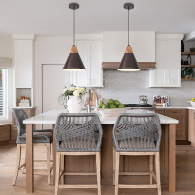 Luminaire suspendu brun conique pour îlot de cuisine à 2 lumières de 9,4 po de largeur avec accents en bois pour allée de salle à manger