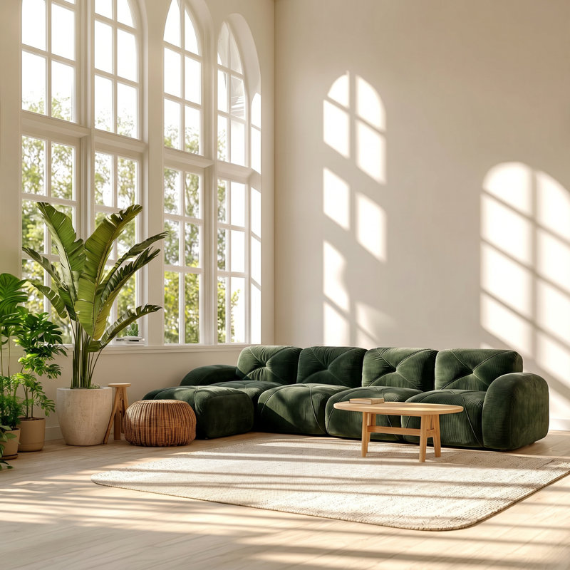 Canapé modulaire en L capitonné avec repose-pieds mobile L 119 po x P 35 po x H 28 po Evergreen, Green