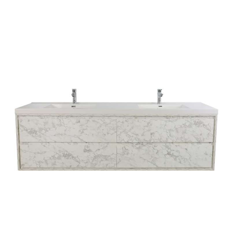 Ensemble de meuble-lavabo double mural 84 po Azden, Marbre blanc