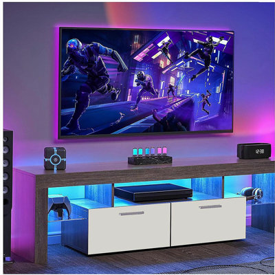 Meuble télé à DEL avec grand tiroir de rangement pour téléviseur 40 50 55 60 65 70 75 pouces, brun et blanc + console de campagne avec centre de divertissement brillant pour le salon et la chambre à coucher