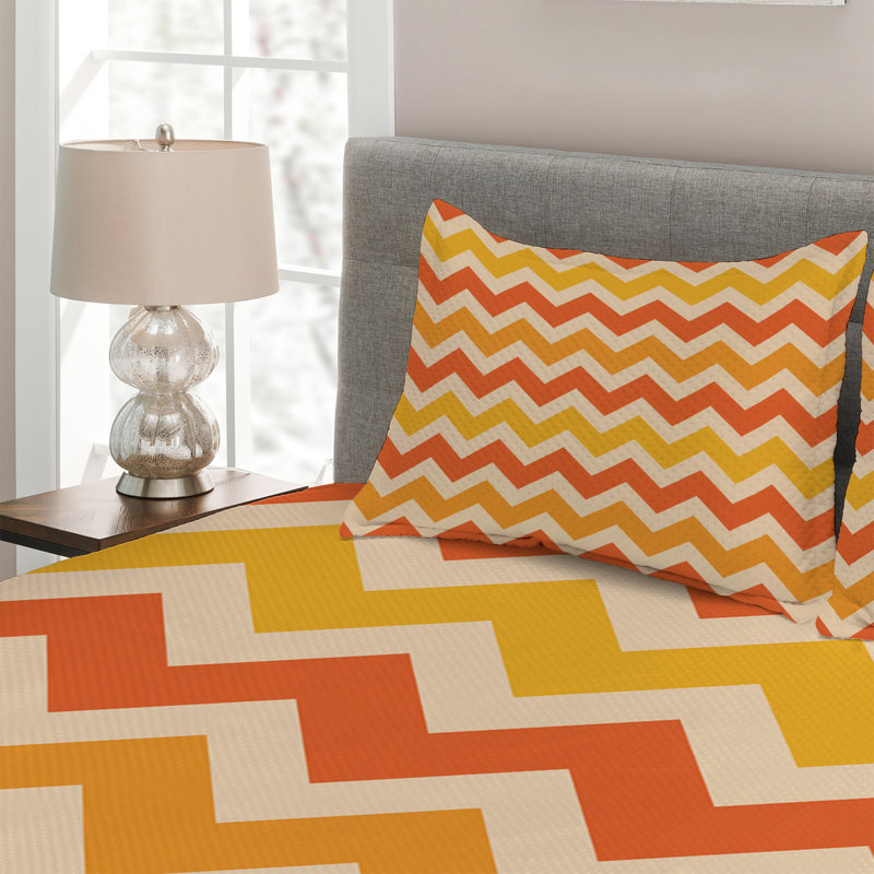 Modern & Contemporary Chevron / Zig Zag Coverlet, King Bedspread + 2 Shams, Orange/Yellow