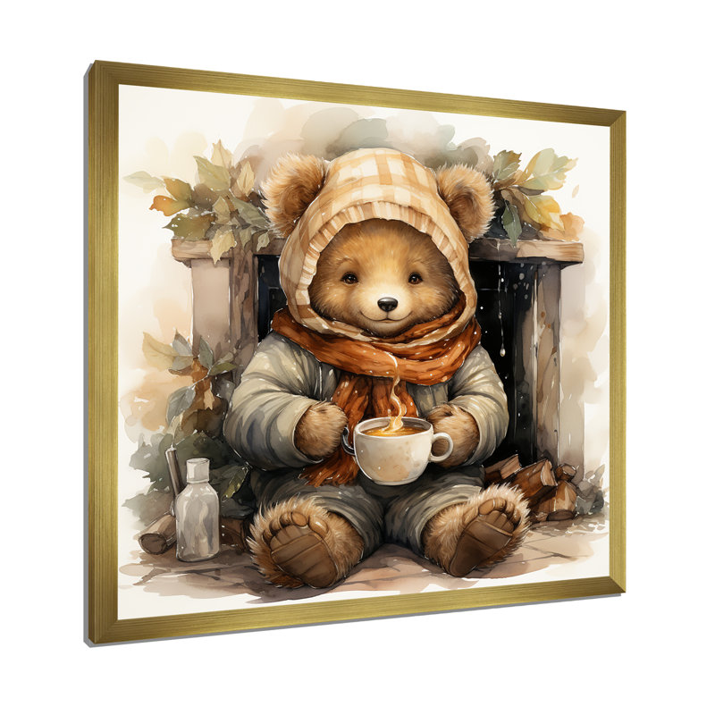 Cozy Teddy Bear chocolat en hiver II - art mural de l'ours en peluche, H 36 po x l 36 po x P 1,5 po, Cadre doré simple