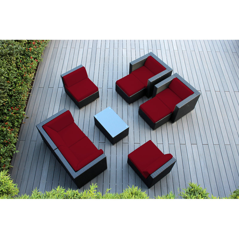 Bannan Wicker 6 - Person Seating Group with Cushions - No Assembly, Supercrylic Red, Black