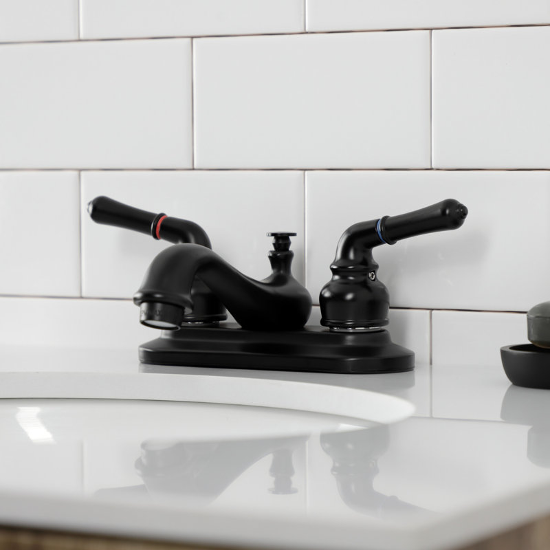 Kingston Brass Royale Two-Handle 3-Hole Deck Mount 4" Centerset Bathroom Faucet with Plastic Pop-Up, Matte Black