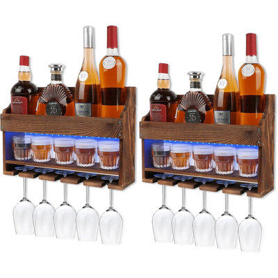 2-pack Wall Mounted Wooden Wine Rack With Led, Floating Bar Shelves With Glass Holder